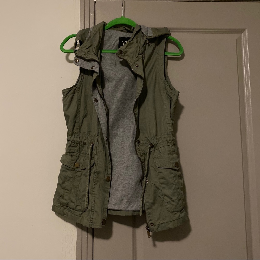 YMI olive green cargo vest with removable hood